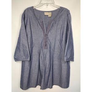 JH Collectibles Women's Split V-Neck Half Button Front Pleated Tunic Blue Large
